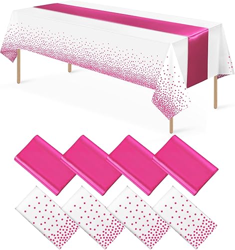 Juego de 8 manteles desechables de plástico para fiestas y camino de mesa de satén, color blanco y rosa intenso, para bodas, cumpleaños, baby
