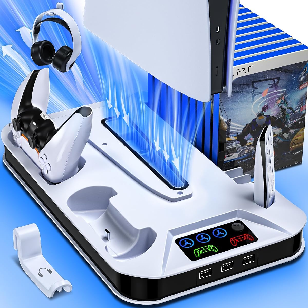 Estación de refrigeración PS5/Slim/Pro con estación de carga de controlador para Playstation 5 Slim&Standard&Pro Disc/Consola digital, accesorios de enfriador de soporte PS5 Pro, incluye ventilador de refrigeración/3 concentradores USB