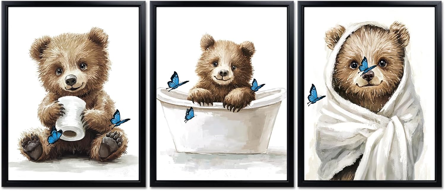 Fochorlo Funny Animal Bathroom Wall Art Bear Painting Decor Cut Animal Bathtub Decoration 12"X16"X3