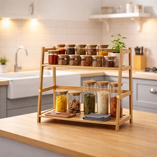 SimplifiNest Bamboo 2-Tier Kitchen Counter Organizer Rack|L-Shape Space-Saving Countertop Shelf|Eco-Friendly Bamboo Storag