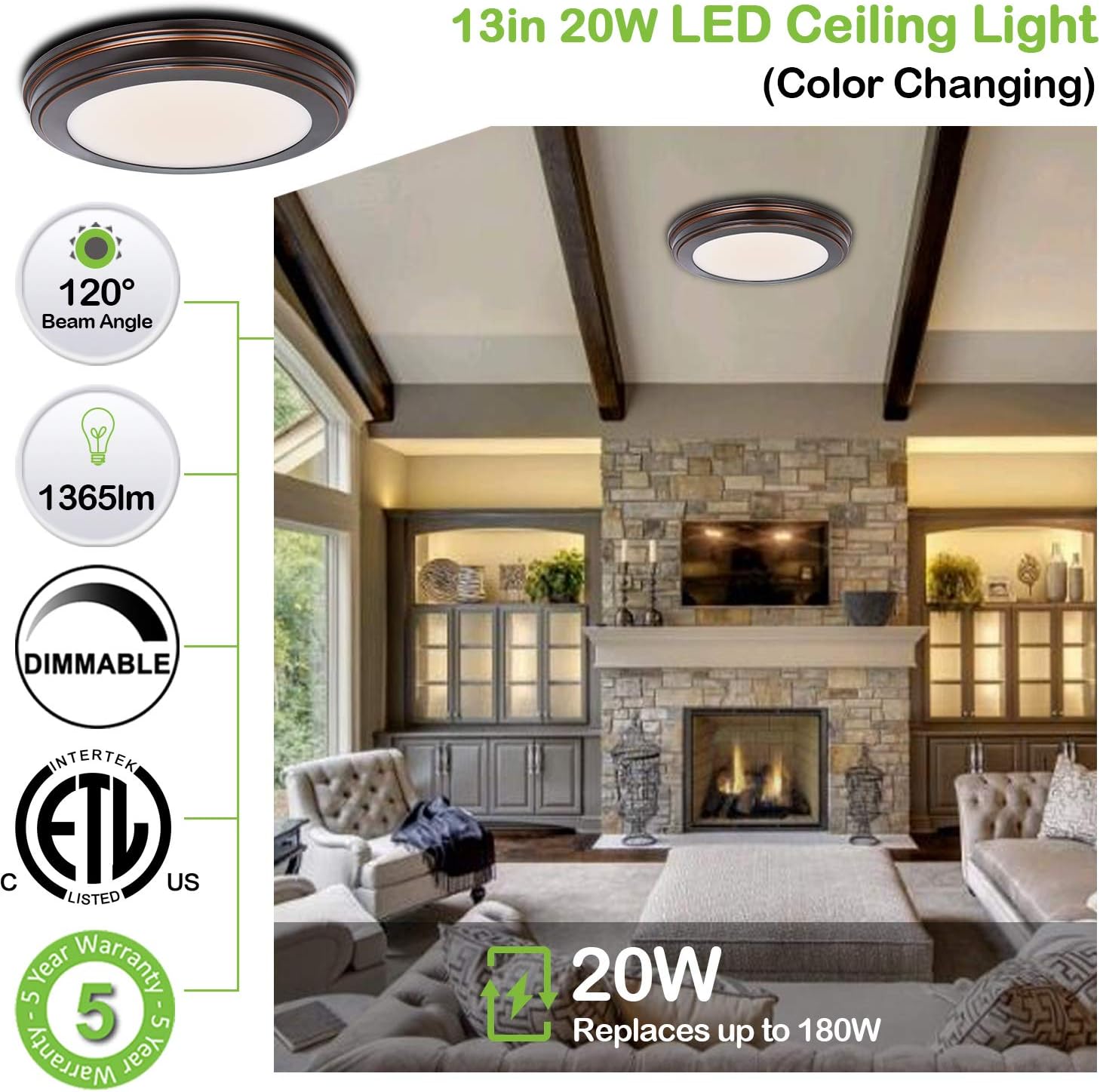 hykolity 13 inch Flush Mount Ceiling Light, 3000K/4000K/5000K CCT, 20W [180W Equiv.] 1365LM CRI90, Surface Mount LED Light Fixture with Oil Rubbed Bronze for Kitchen Bedroom, ETL Listed - 2 Pack