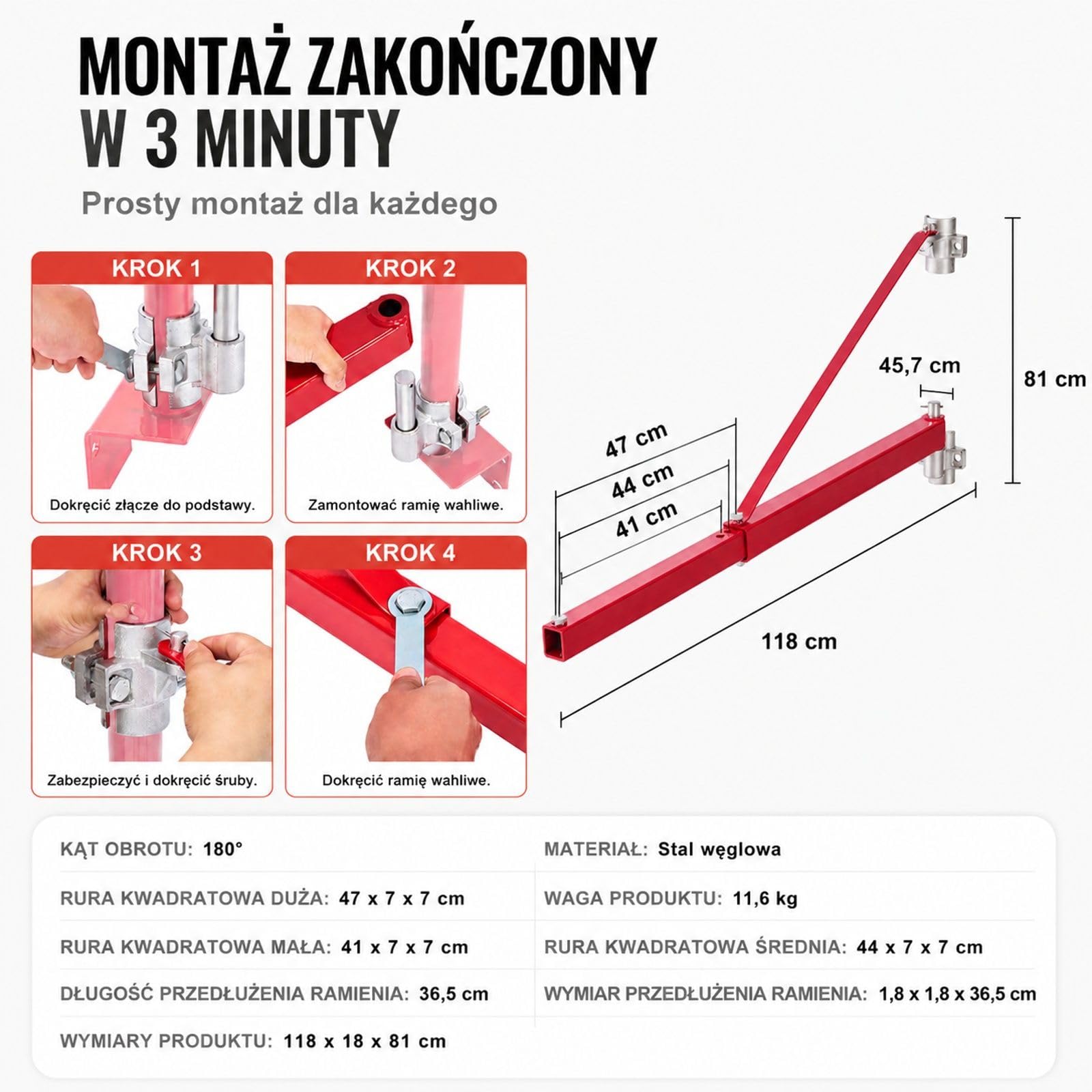 Ramię podporowe do podnośnika elektrycznego ze stali węglowej, udźwig 600 kg, obrót 180°, do warsztatu i garażu