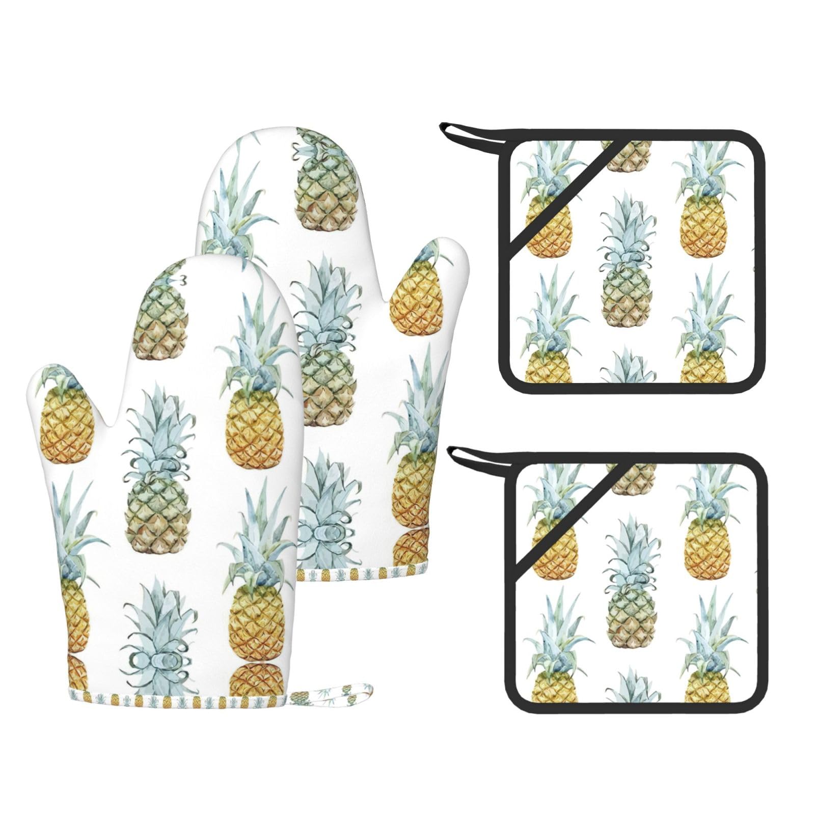 Fashion Pineapples Printed Pot Holders and Oven Mitts 4-Piece, Non-Slip Kitchen Gloves with Utensil Pocket for BBQ