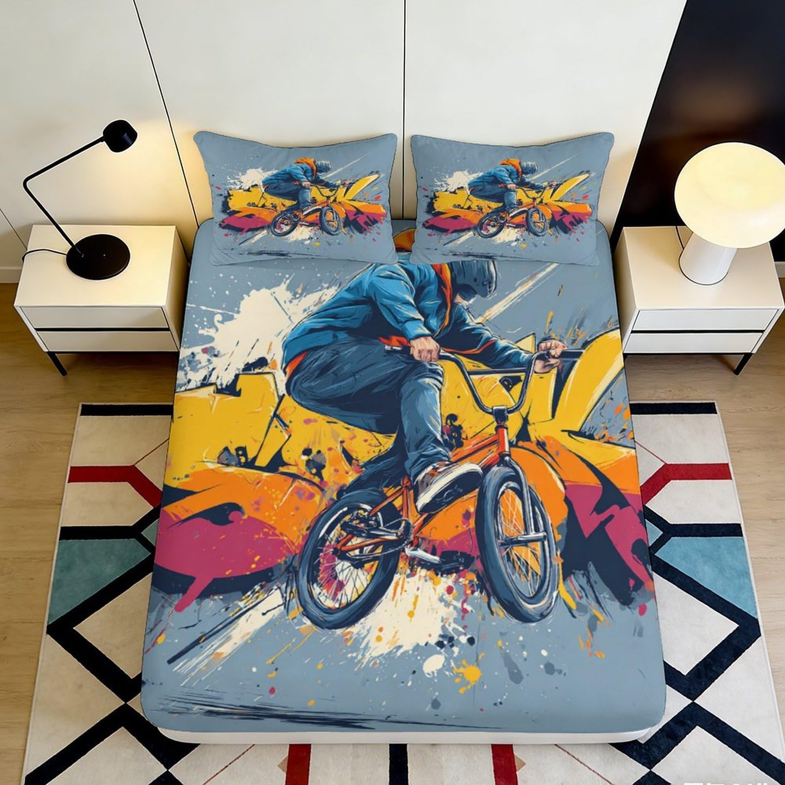 3D Printed BMX Rider Fitted Sheet Microfiber Urban Graffiti Bed Cover for Bedroom Decor Dorm Mattress Protection 90x200x25cm