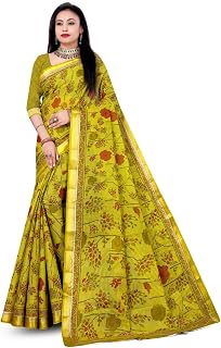 Sonarika Creation Pure Cotton Saree with Blouse Piece, Mehendi Colour, Floral Print Saree, Resham Border Saree, Zari Borde... Price In India