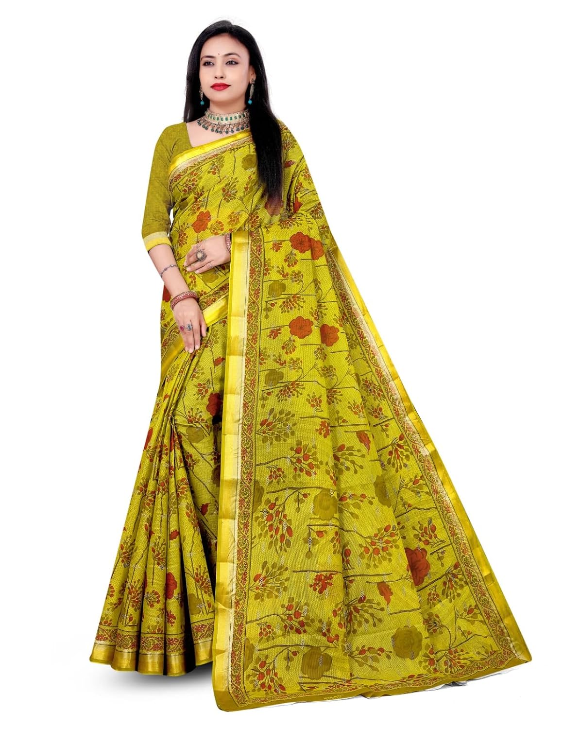 Sonarika Creation Pure Cotton Saree with Blouse Piece, Mehendi Colour, Floral Print Saree, Resham Border Saree, Zari Borde... - Review, Price and Buying Guide