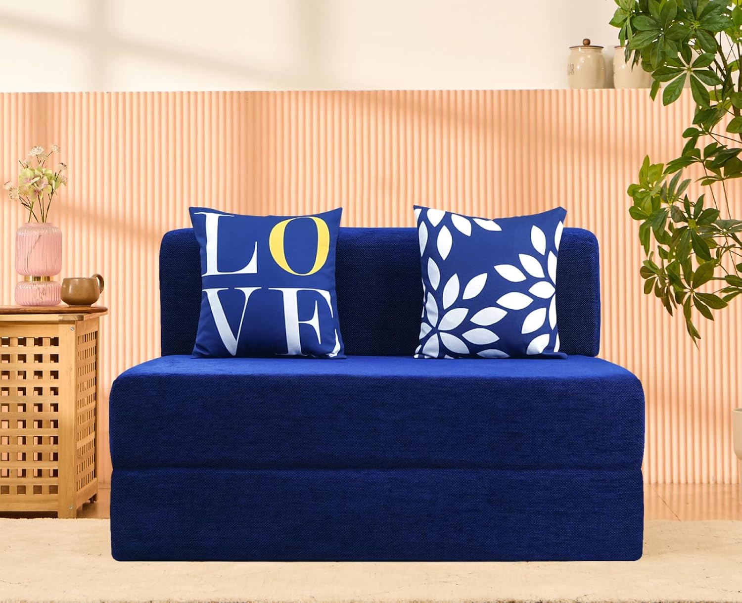 uberlyfe 2 Seater Sofa Cum Bed | Chennile Fabric Washable Cover | 2 Cushions Love & Leaf Pattern | Dotted Blue | 4′ X 6′ Feet