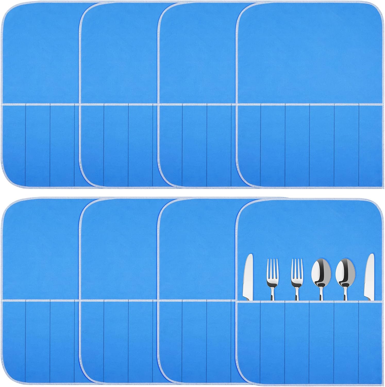 Weewooday Silver Storage Bags Anti Tarnish Silver Protector Bags Blue Holder for Silverware Flatware Storage Organizer Cloth Place Setting Roll with White Ribbon for Teaspoon Utensils(8 Pieces)