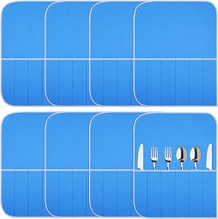 Weewooday Silver Storage Bags Anti Tarnish Silver Protector Bags Blue Holder for Silverware Flatware Storage Organizer Cloth Place Setting Roll with White Ribbon for Teaspoon Utensils(8 Pieces)
