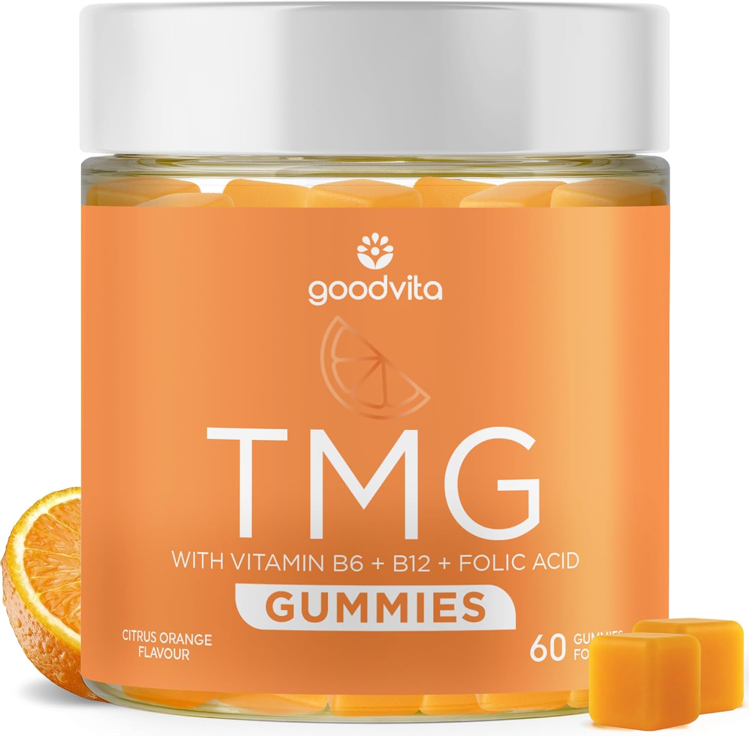 TMG Gummies x60 | TMG (Betaine) Supplement High Strength 1000mg | Added Vitamin B6, B12   Folic Acid | Citrus Orange Flavour | 1 Month Supply | Heart Health   Performance | Trimethylglycine