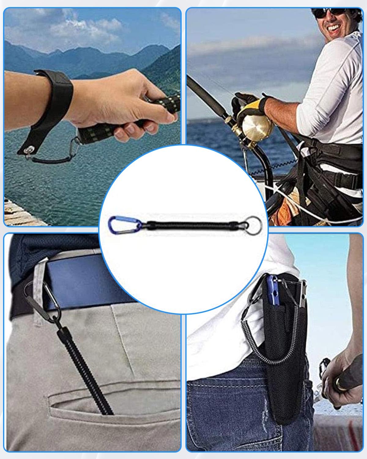 Lot de 5 cordons élastiques pour la pêche, le bateau, les mousquetons pour éviter les chutes, convient pour les activités telles que la pêche, l'alpinisme et le camping.