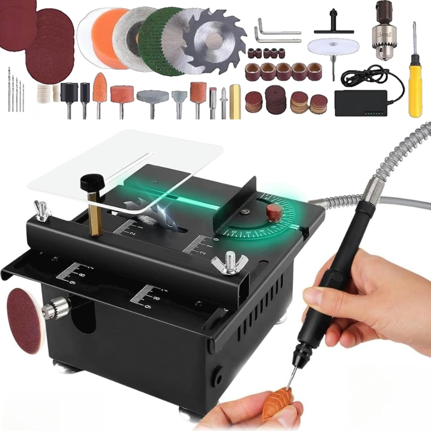Mini Multi-functional Table Saw,100W Mini Table Saw,Portable Table Saw Cutter with Adjustable Speed & Angle,16MM Cutting Depth for Crafts, Sanding, Engraving Drilling (Regular-All tools)