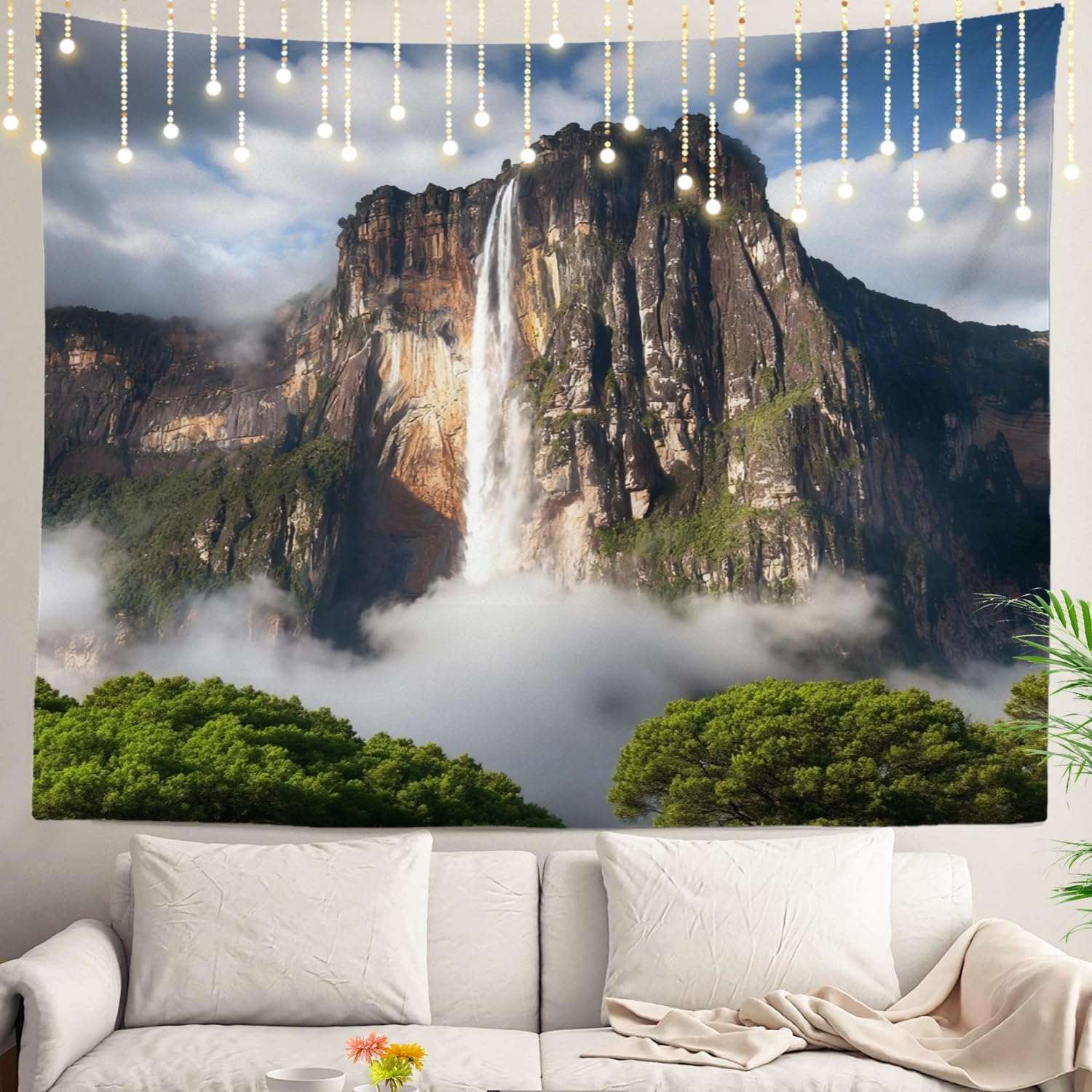 Shrahala Waterfall Tapestry, Stunning Angel Soft Morning Light Venezuela Wall Hanging, Psychedelic Decorations for Bedroom & Living Room (51.2 x 59.1 Inches, Blue Green)