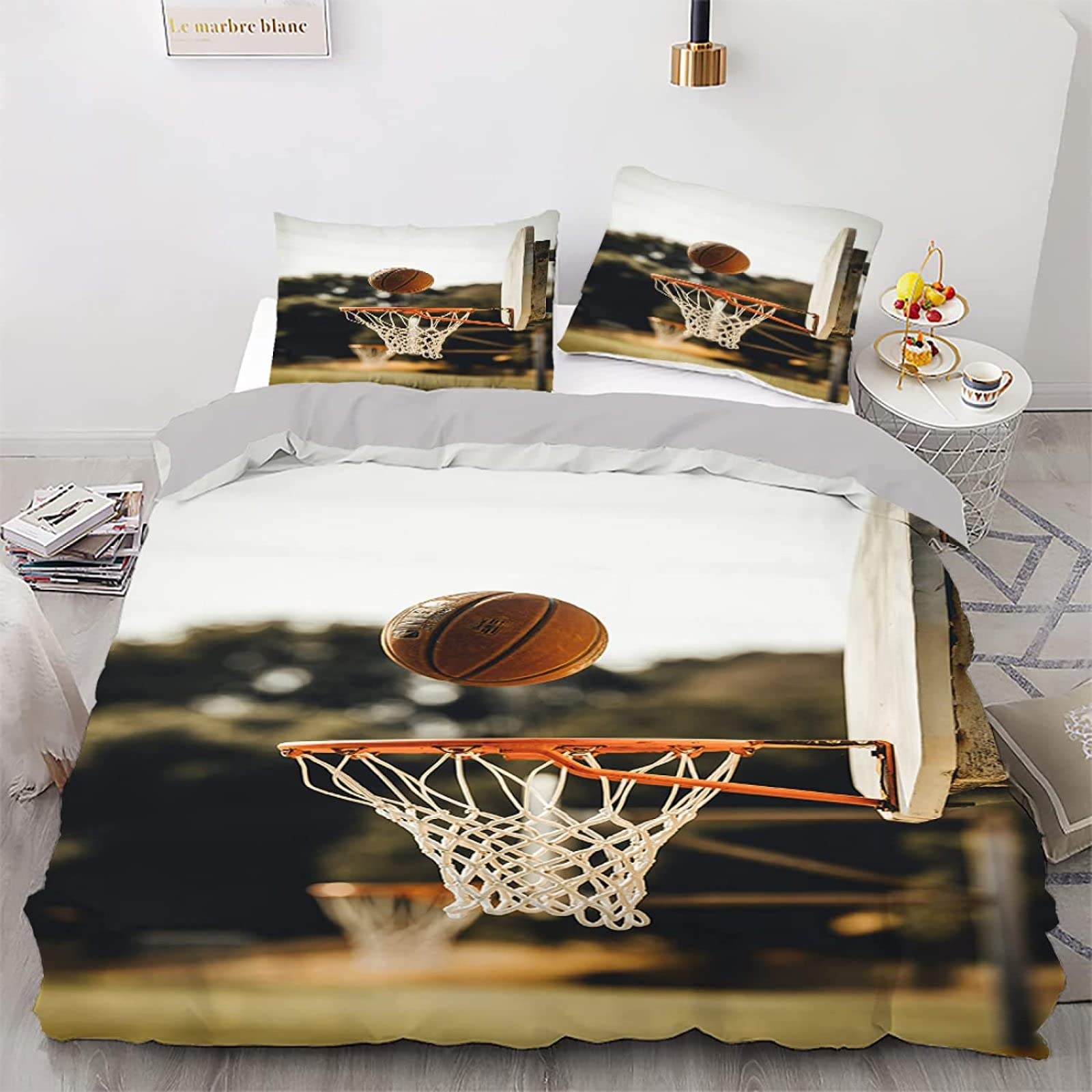 Asphzxxl Basketbal 3D-bedrukte dekbedovertrekset, 3-delig, zacht, onderhoudsvriendelijk met ritssluiting, kussenslopen voor kinderen, meisjes, jongens, volwassenen, slaapkamer, tweepersoons (200 x 200