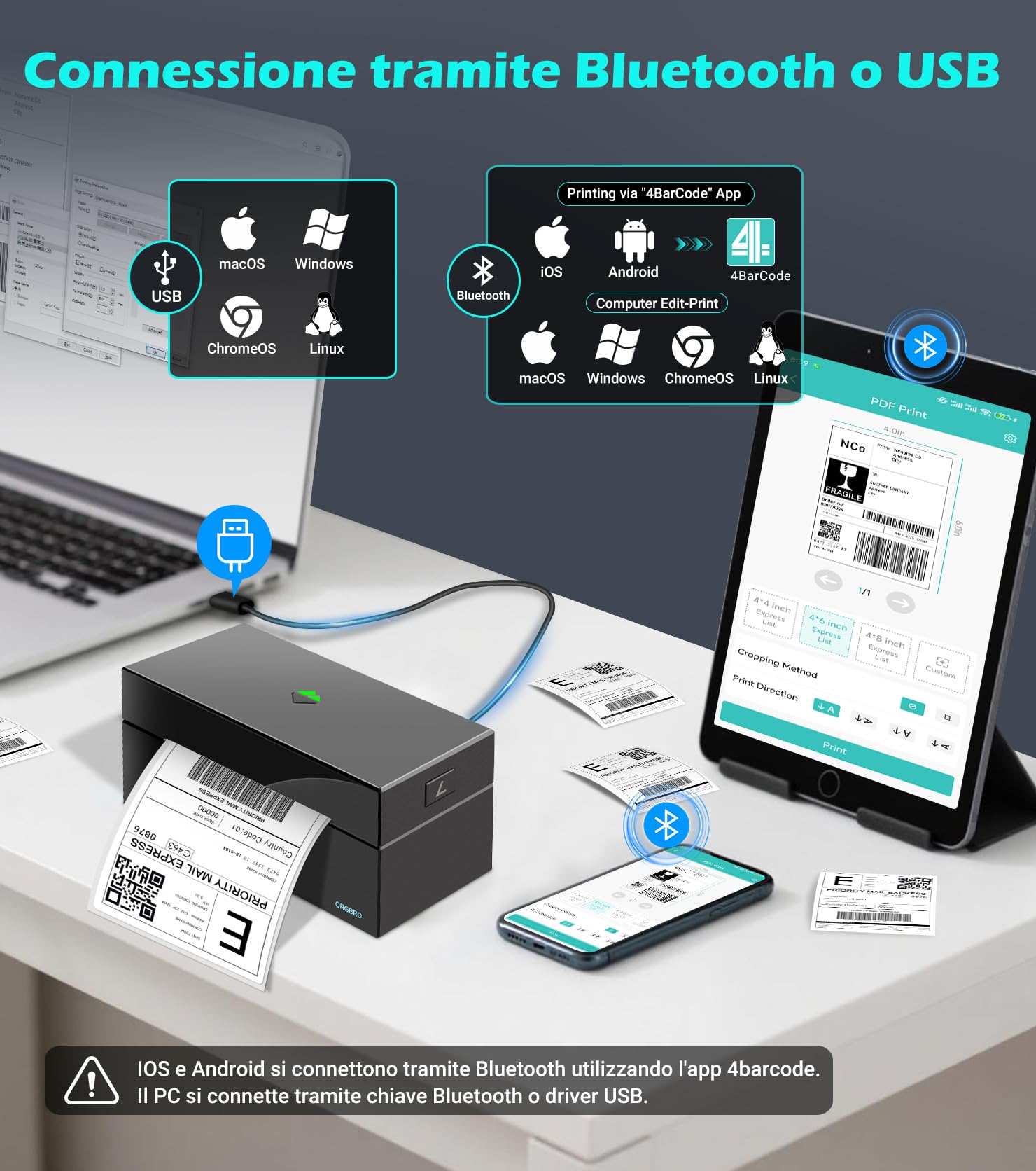 Stampante Etichette ORGBRO Z1 Plus Bluetooth 4x6 Termica per Spedizione, Compatibile Amazon eBay Shopify, Nero