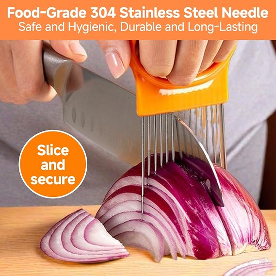 Stainless Steel Onion Slicer, 2Pcs Kitchen Gadgets Onion Holder for Slicing Ergonomic Handle Potato Chipper Chip Cutter Easy to Clean Runner Bean Slicer for Slicing Fruits, Vegetables, Meat, Etc