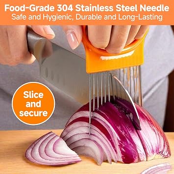 Stainless Steel Onion Slicer, 2Pcs Kitchen Gadgets Onion Holder for Slicing Ergonomic Handle Potato Chipper Chip Cutter Easy to Clean Runner Bean Slicer for Slicing Fruits, Vegetables, Meat, Etc