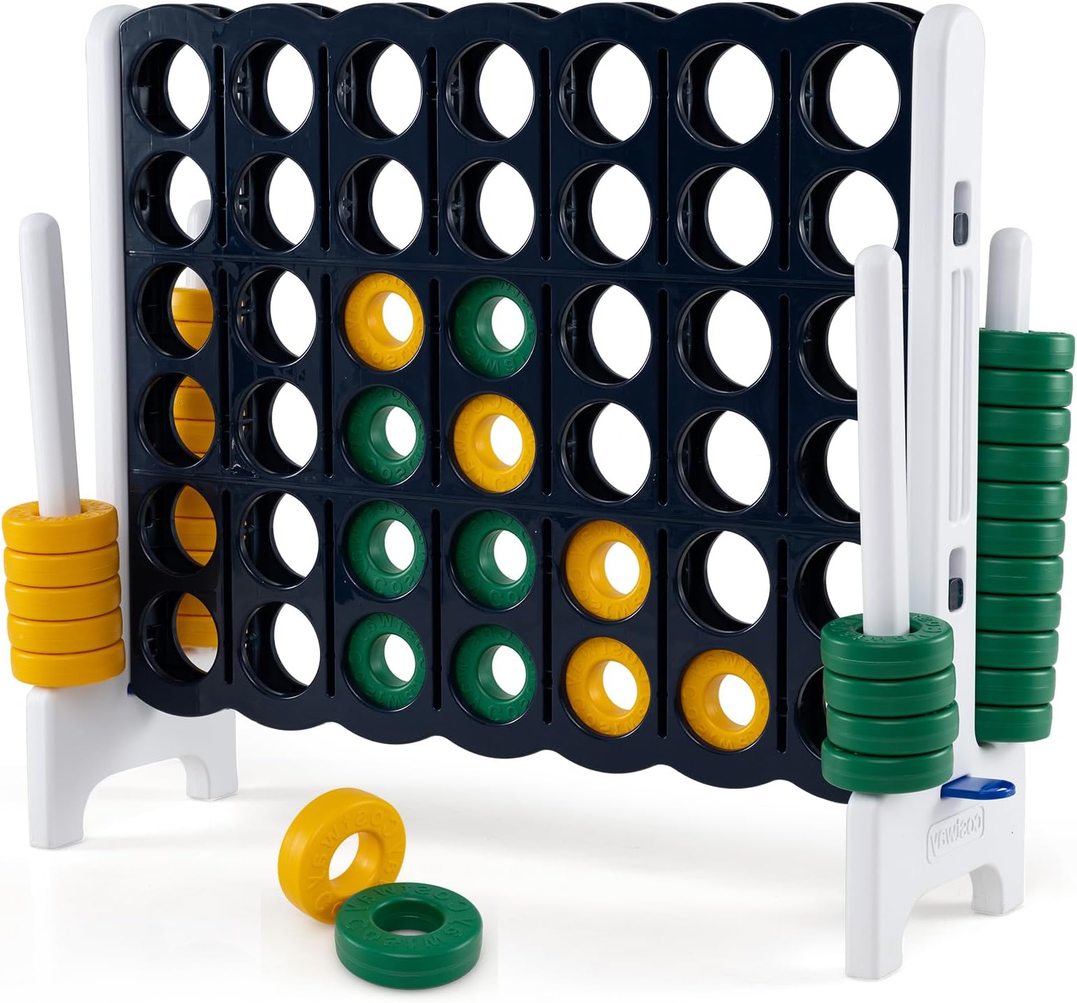 KOTEK Giant 4-in-a-Row Game, 3.5 Feet Tall Jumbo 4-to-Score Family Fun Game w/Quick-Release Sliders & 42 Large Rings, Oversized Connect Plastic Yard Game Outdoor for Kids & Adults (Dark Blue+White)