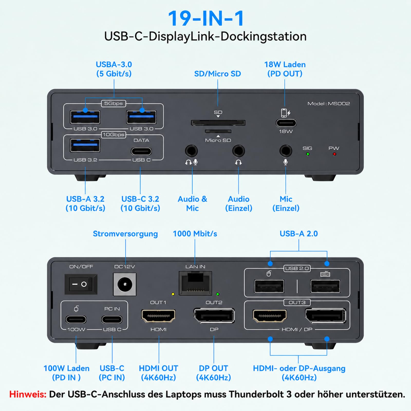 USB C Docking Station 3 Monitore mit DisplayLink, Triple 4K@60Hz Dockingstation für MacBook Pro/Air M5 M4 M3 M2 M1 & Windows Laptop, 19-in-1 USB-C Dock mit 2 HDMI 2 DisplayPort, 100W PD, USB 3.2