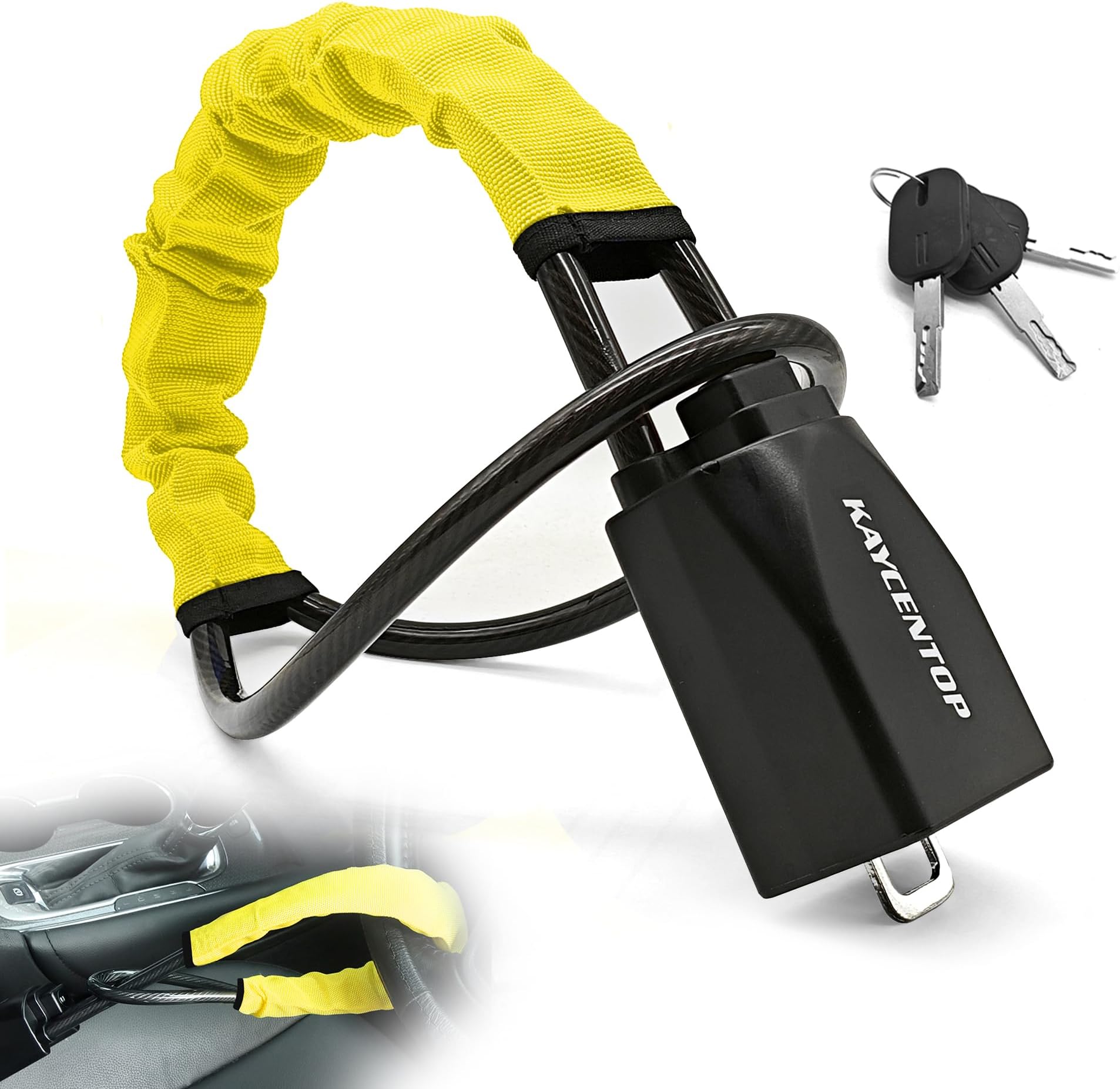 KAYCENTOP Car Steering Wheel Lock, Seat Belt Lock, Anti-Theft Device, Max 17 Inch Length, Small and Light-Weight, Multi-Functional, Fit Most Vehicle, SUV, Golf Cart Security (Yellow)