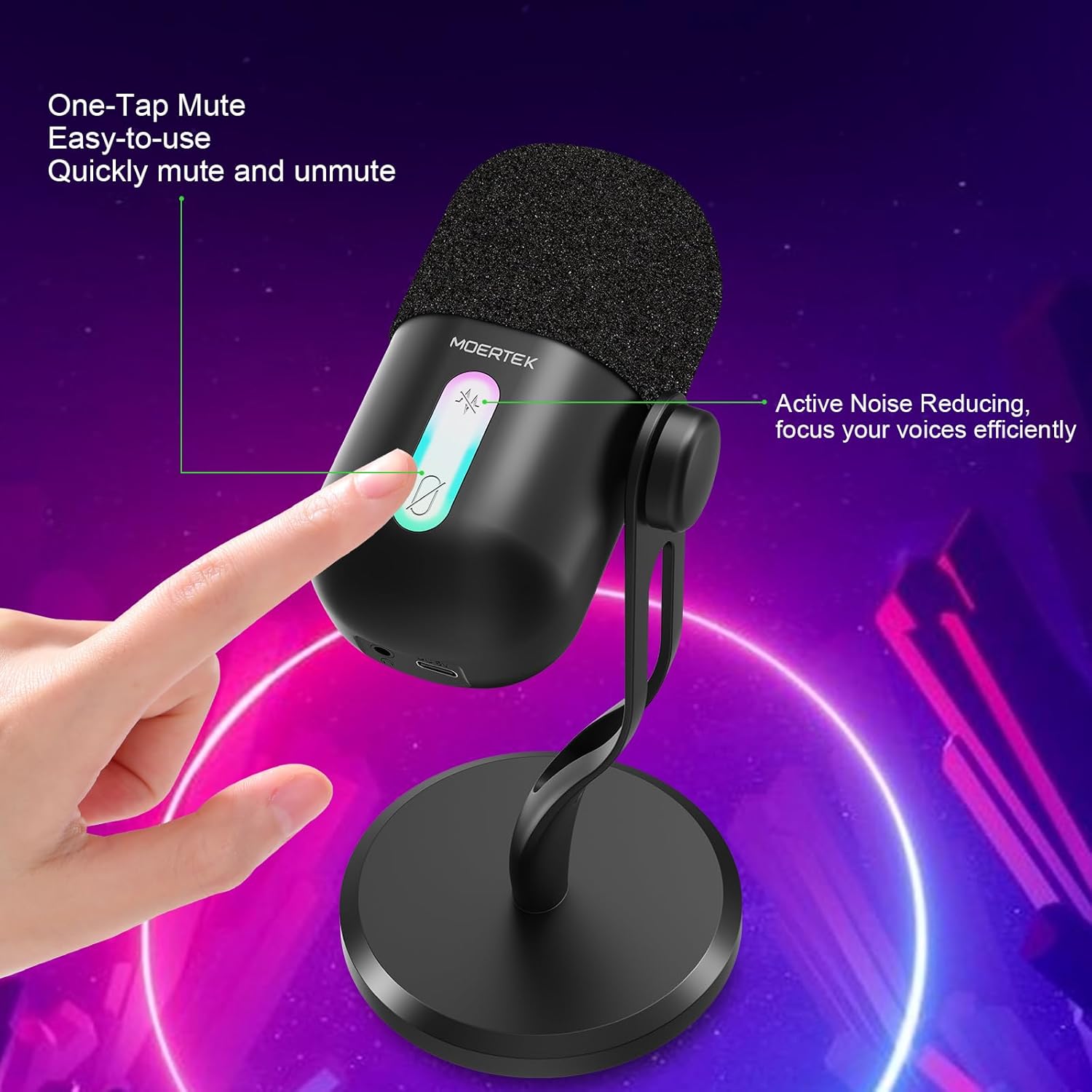 USB Microphone for PC, Cardioid Condenser Microphone with Active Noise Cancellation, Quick Mute, Built-in Headphone Jack, Gaming Mic with Table Stand, for Live Streaming, Instruments, Podcast