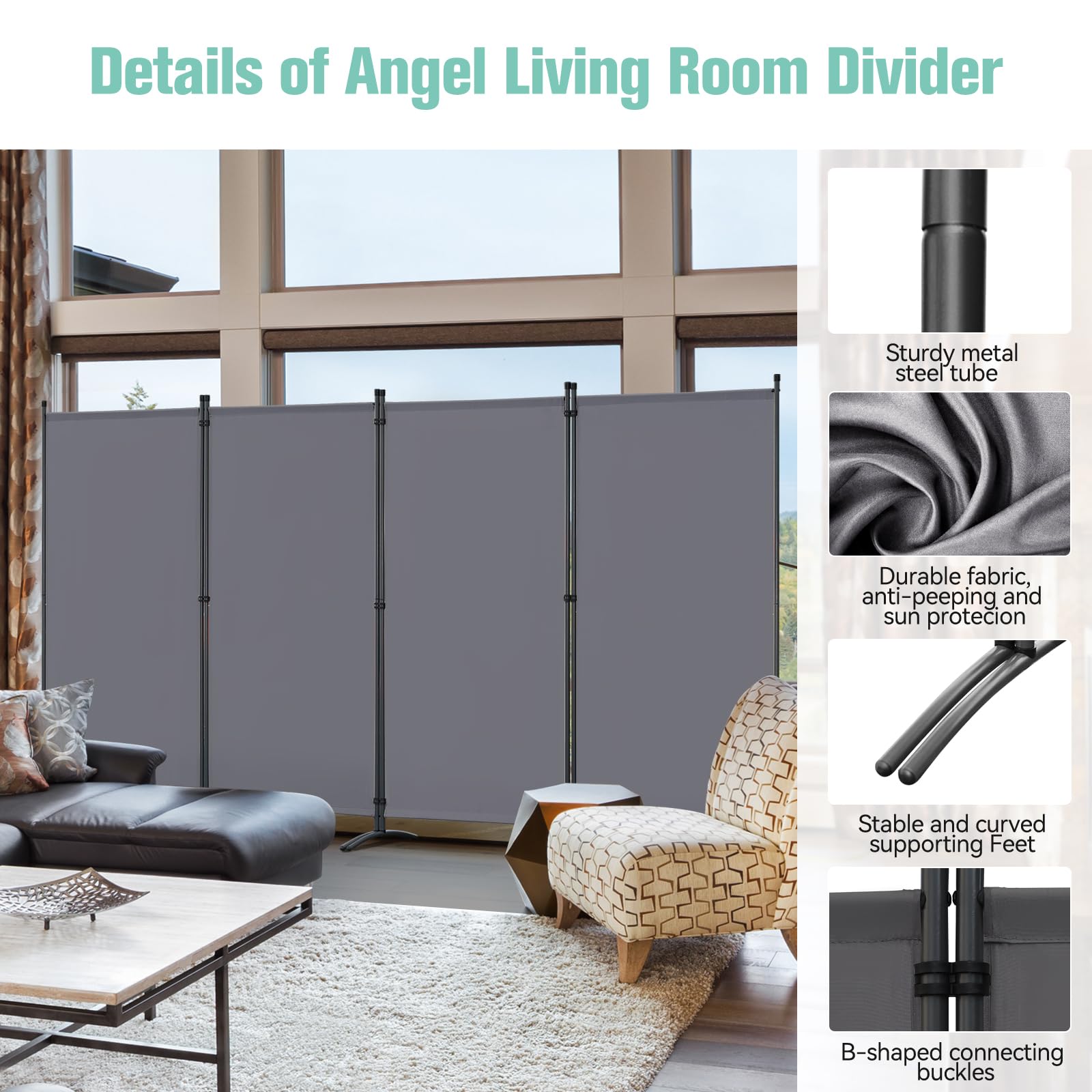 Angel Living Paravent de Protection à 4 Panneaux, cloison de séparation Pliable pour Salon, Jardin, extérieur, 324 x 180 cm (Gris)