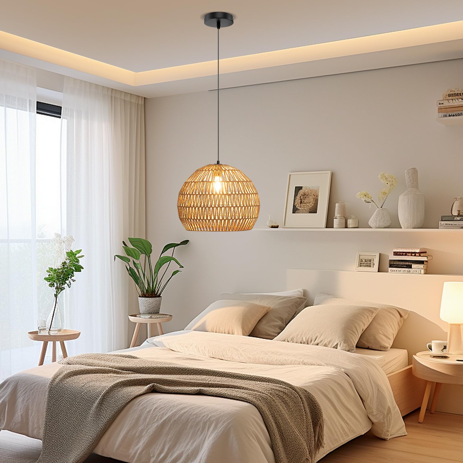 COSTWAY geflochtene Pendelleuchte, Boho Deckenleuchte mit verstellbarer Aufhänghöhe, Bauernhaus Hängelampe mit E27-Basis (Lichtquelle nicht enthalten) für Küche, Schlafzimmer, 43 x 34 cm (kaffee)