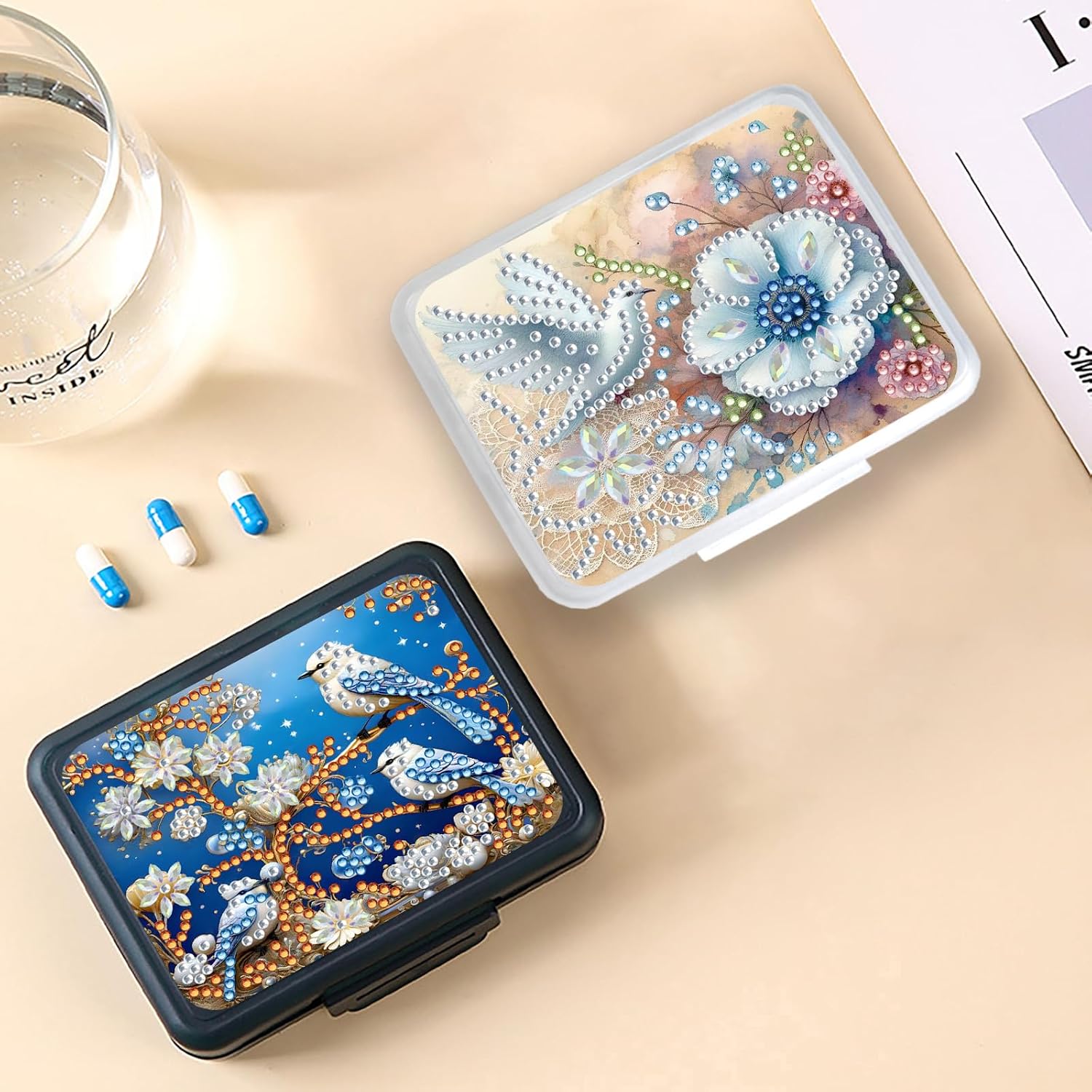 NanBaDa 2Pcs Diamond Art Painting Mini Storage Box with 7-Grid Creative Design Compact Portable Small Case for Purse Travel -Flowers and Birds