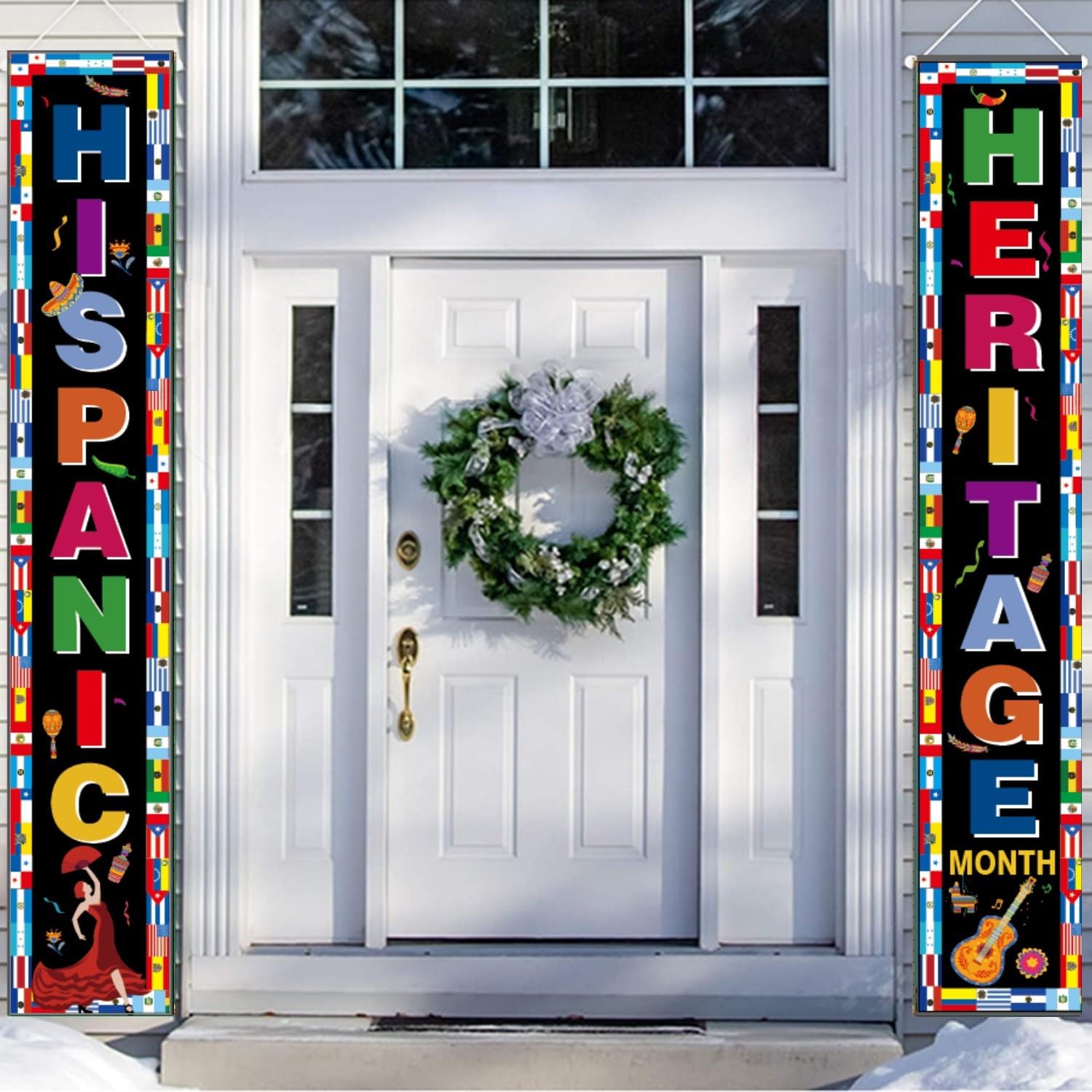 Hispanic Heritage Month Porch Banner, 2pcs 70.8 x 11.8 in Latin American Spanish Hanging Signs, Front Door Decorations for National Hispanic Month, Classroom Home Outdoor Indoor Decor Black