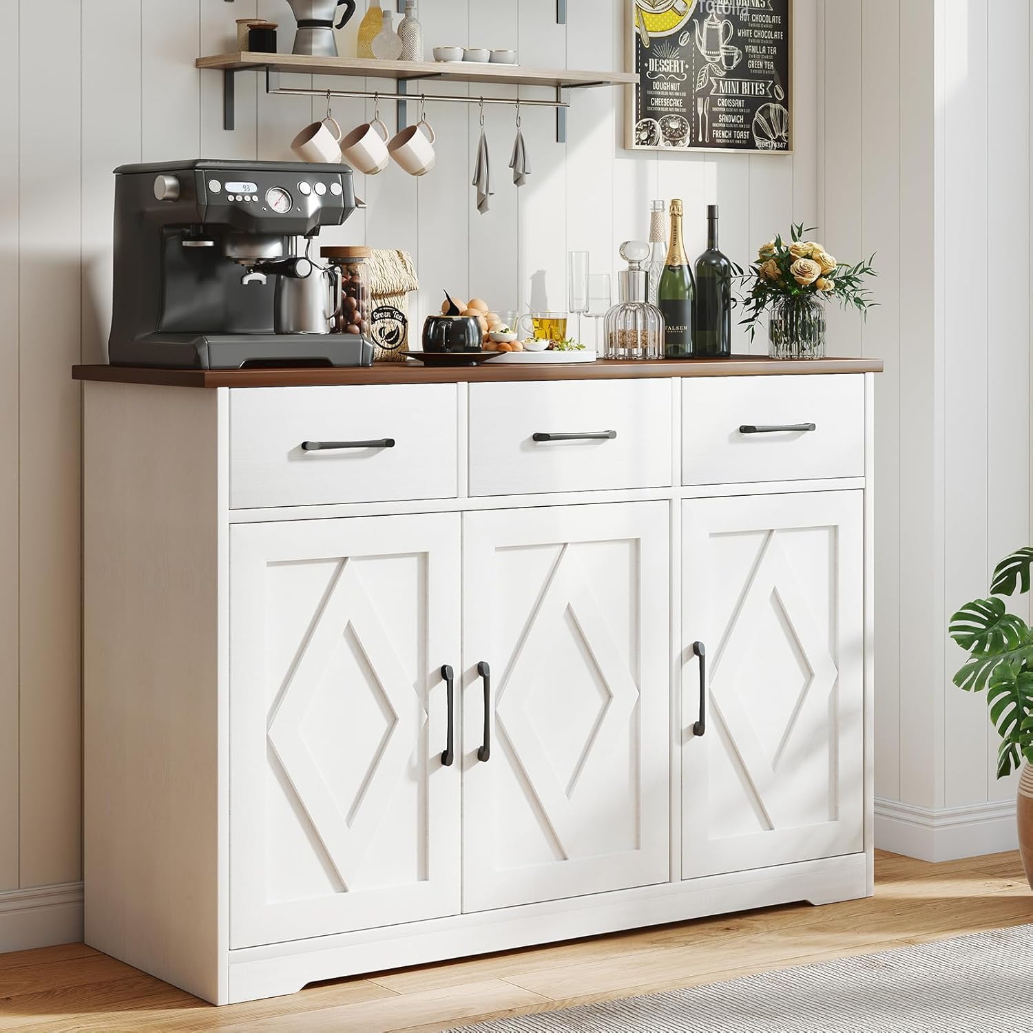 Modern Farmhouse Sideboard, White Wooden Buffet Cabinet with 3 Drawers & Adjustable Shelves for Kitchen, Living Room, Entryway, Coffee Bar