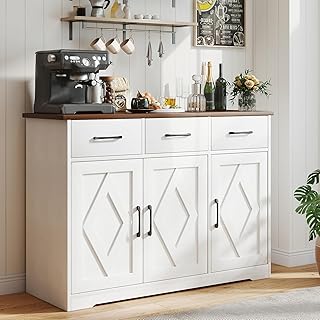 Modern Farmhouse Sideboard, White Wooden Buffet Cabinet with 3 Drawers & Adjustable Shelves for Kitchen, Living Room, Entryway, Coffee Bar