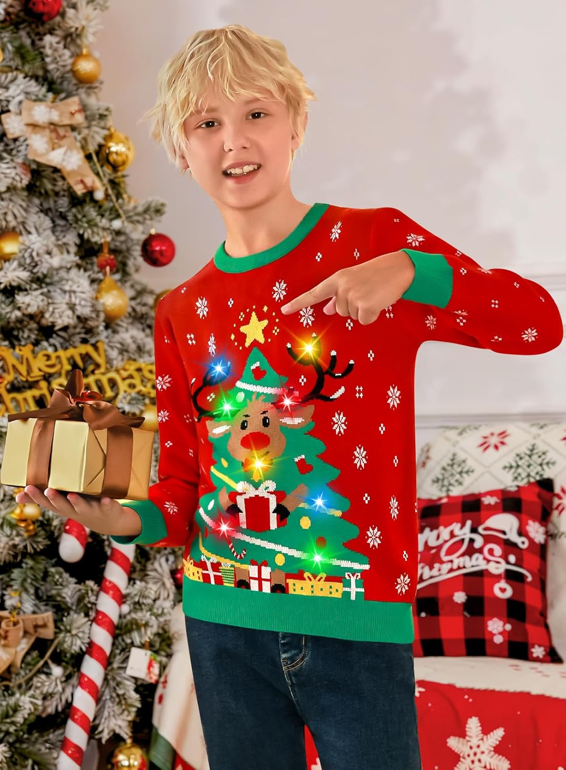 Kids Ugly Christmas Sweater Girls Boys LED Light Up Christmas Sweaters Funny Xmas Knitted Pullover for 5-14Y