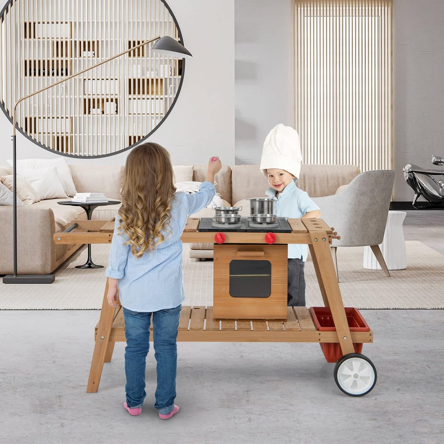 HONEY JOY Mud Kitchen with Umbrella, Wooden Rolling Mud Table Cart, Toddler Outdoor Kitchen Playset, Sink, Faucet, Planting Pots, Utensils, Storage Cabinet, Mud Kitchen for Kids Outdoor with Wheels
