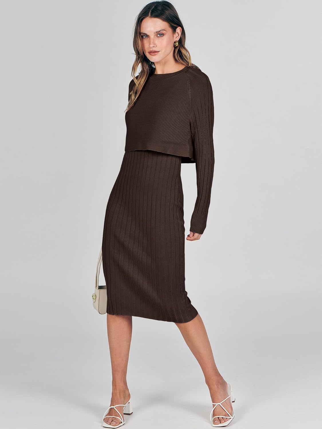 ANRABESS Womens 2 Piece Outfits Sweater Dresses Set Midi Skirt Sets Long Sleeve Crop Top Bodycon Ribbed Knit Dress 2025 Fall - Image 7