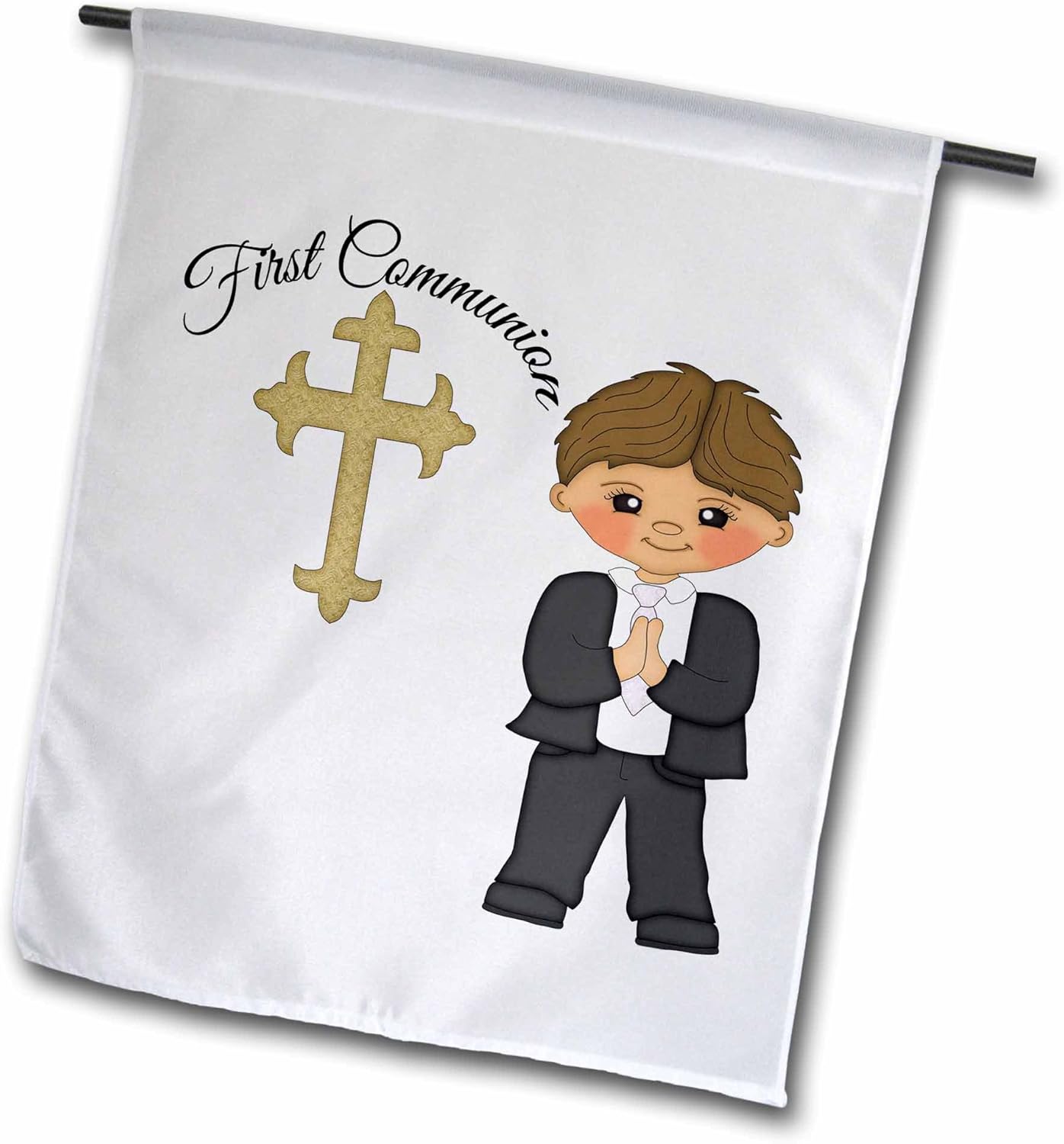 3dRose First Communion Cross with Little Boy Illustration - Garden Flag, 18 by 27"
