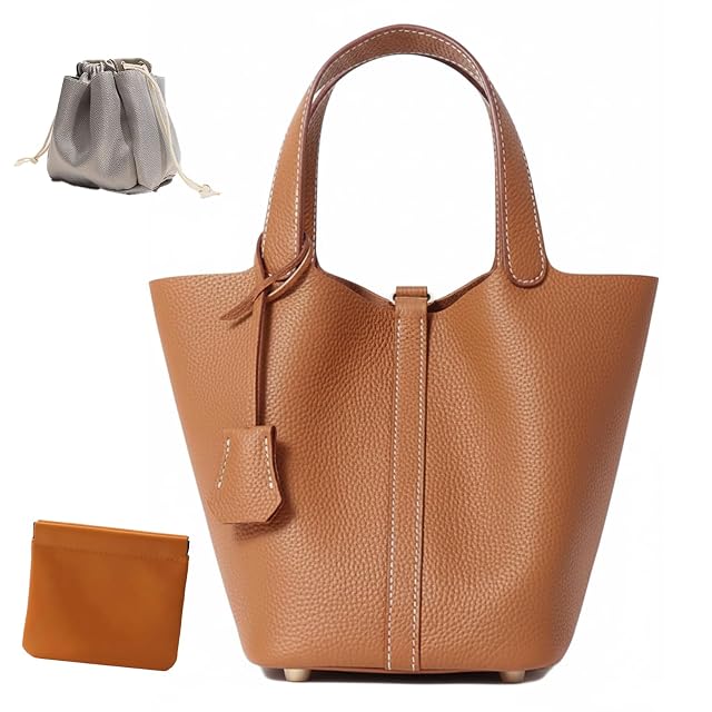 Genuine Leather Lock Design Bucket Bag Vegetable Basket Fashionable and Versatile Satchel Handbag