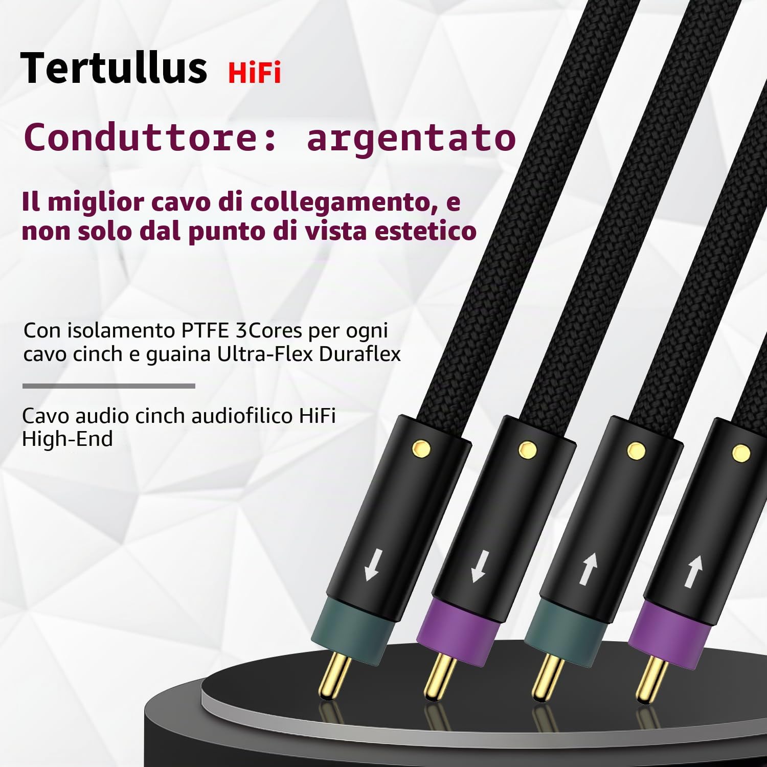 Tertullus Cavo audio RCA di fascia alta per giradischi, home cinema e impianto HiFi, placcato in argento OFC 24 K (1,5 m/4,92 ft)