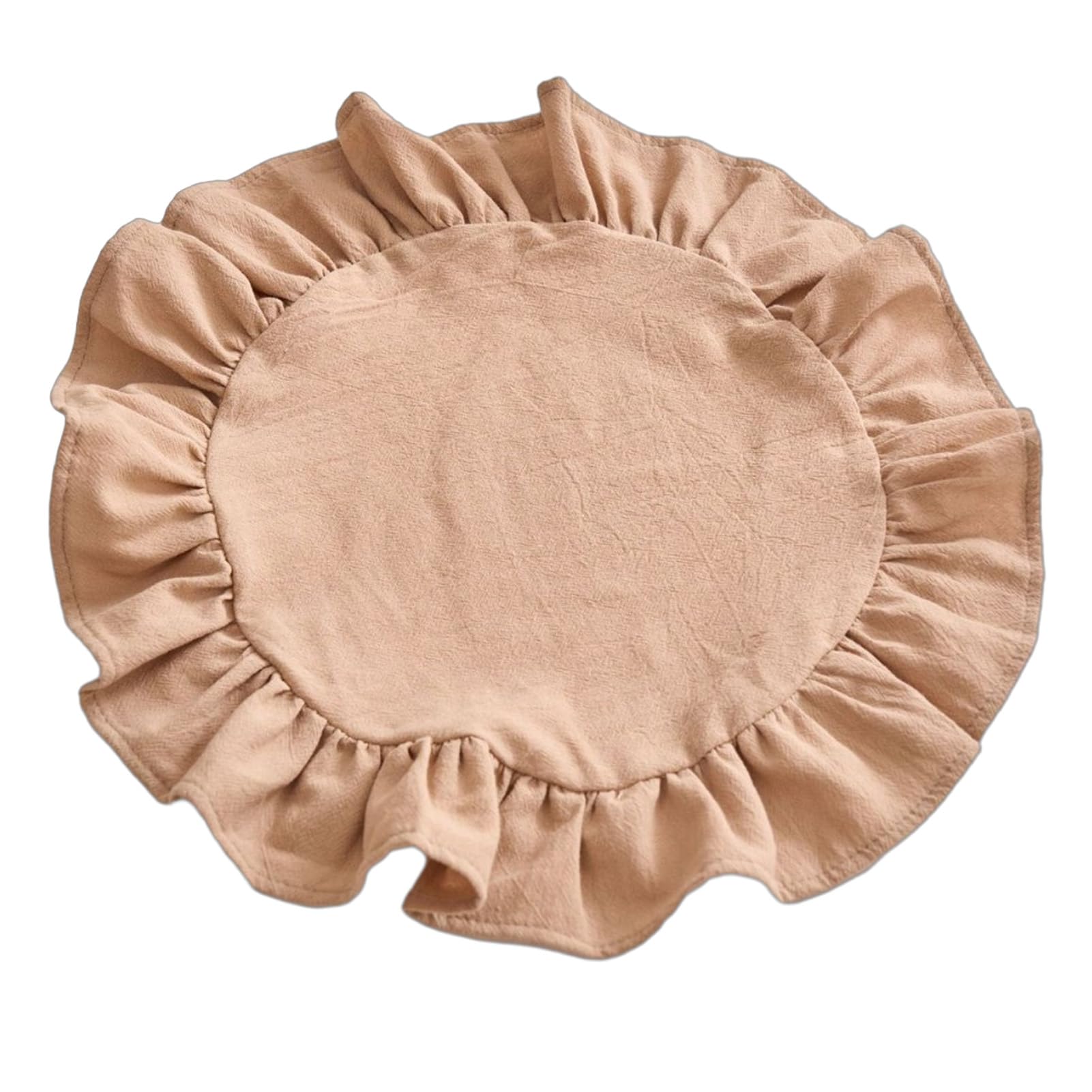 Rustic Farmhouse Round Ruffle Place Mat, Washable Scalloped Edge Table Mats for Kitchen Dining Party Table Decor Khaki Round
