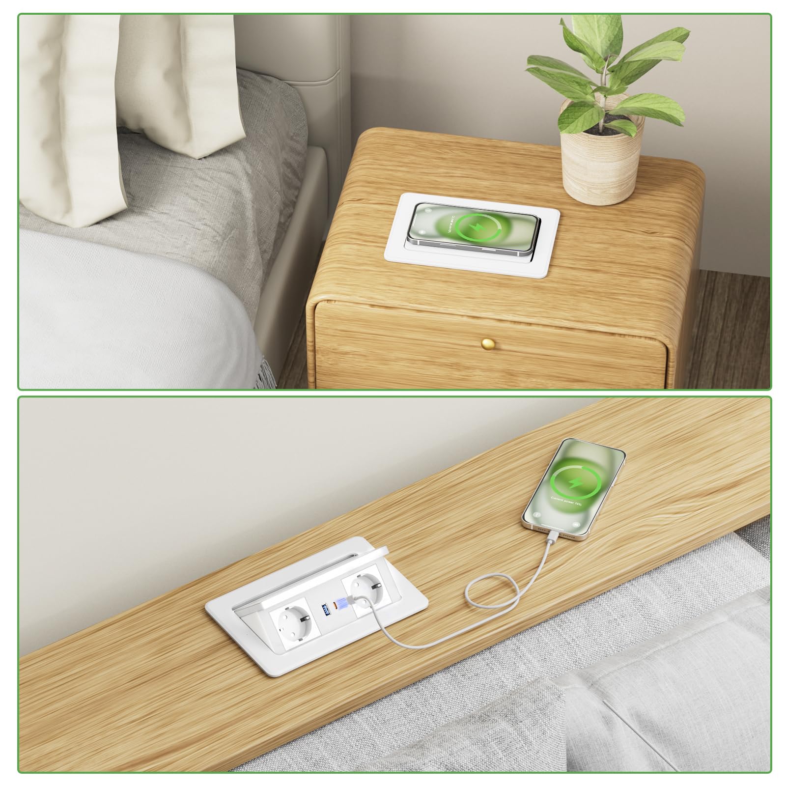 Prise Encastrable Plan de Travail avec USB C PD 20 W et 15 W - Chargeur sans Fil, Multiprise Encastrable Plan de Travail USB C pour Table de Canapé, Maison Bureau - Câble de 1,8 m, Blanc