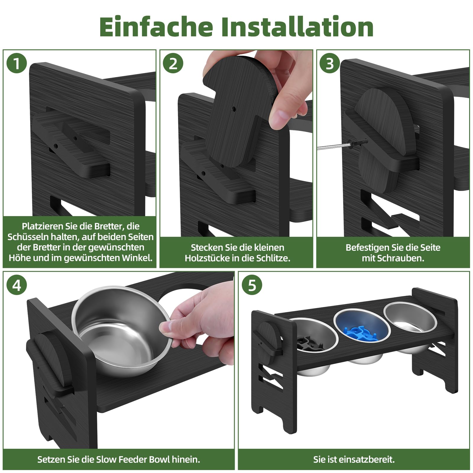 Mittimiya 3-teiliges Set Höhenverstellbar Katzennapf Erhöht, Erhöhter Futternapf Katze aus Bambus mit Edelstahl Näpfe für Wasser Futter, Futterstation Katze für Kleine Hunde und Katzen(Schwarz)