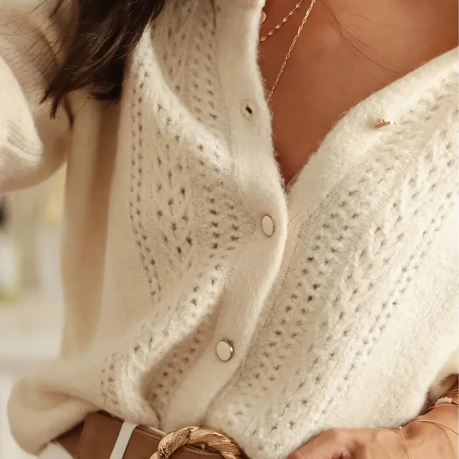 Cardigan Donna Girocollo Bottone Maglia Traforata Maniche Lunghe