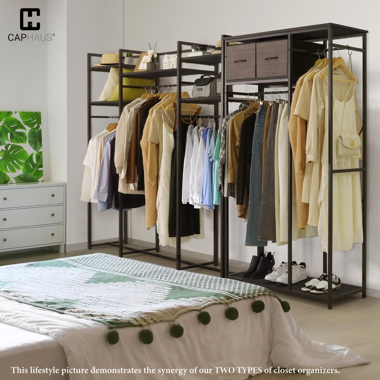 CAPHAUS 550lbs Capacity Garment Rack for Hanging Clothes, Heavy Duty Metal Open Wardrobe w/Hanging Rods & Drawers, Free Standing Closet Organizer, Metal Closet w/Wooden Boards, Black Vintage Board