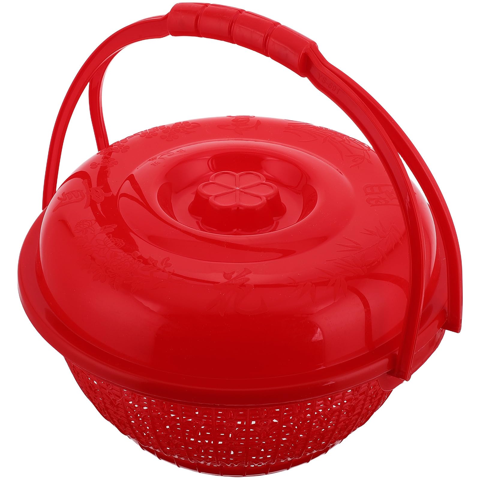 Cesta redonda para organizar frutas y huevos fácilmente con este diseño de plástico rojo con asa