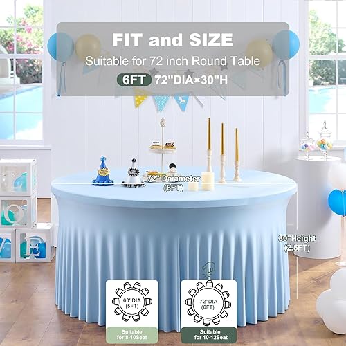 Miniatura 8 de Paquete de 2 manteles redondos de elastano azul bebé de 120 pulgadas para mesas de 60 pulgadas, manteles redondos elásticos sin arrugas para mesas