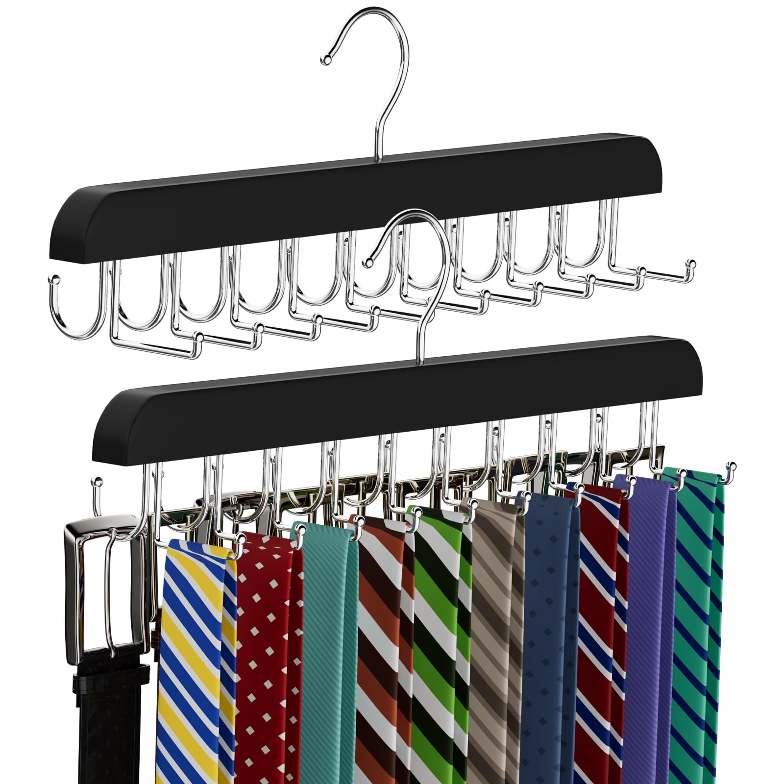 Belt Tie HANGER 20 Hooks 2 in 1 Hanger for Closet Max 30 Belts with 30 Ties Capacity, Belt Tie Racks Wooden Hanger for Closet Organizer Storage βUβ Fit for Belt and βδΈβ Fit for Tie (1, Black)