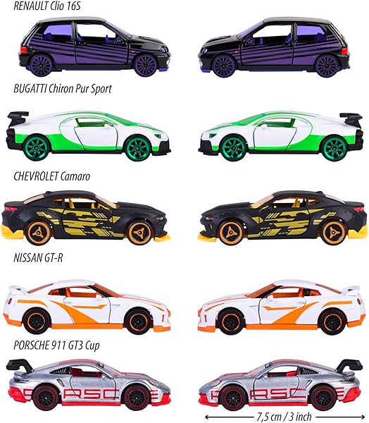 Majorette Auto-Set Limited Edition 10 - Geschenkset mit 5 Modellautos (Renault, Porsche, Nissan, Bugatti, Chevrolet), Autos aus Metall mit Freilauf, je 7,5 cm, für Kinder ab 3 Jahre - 3