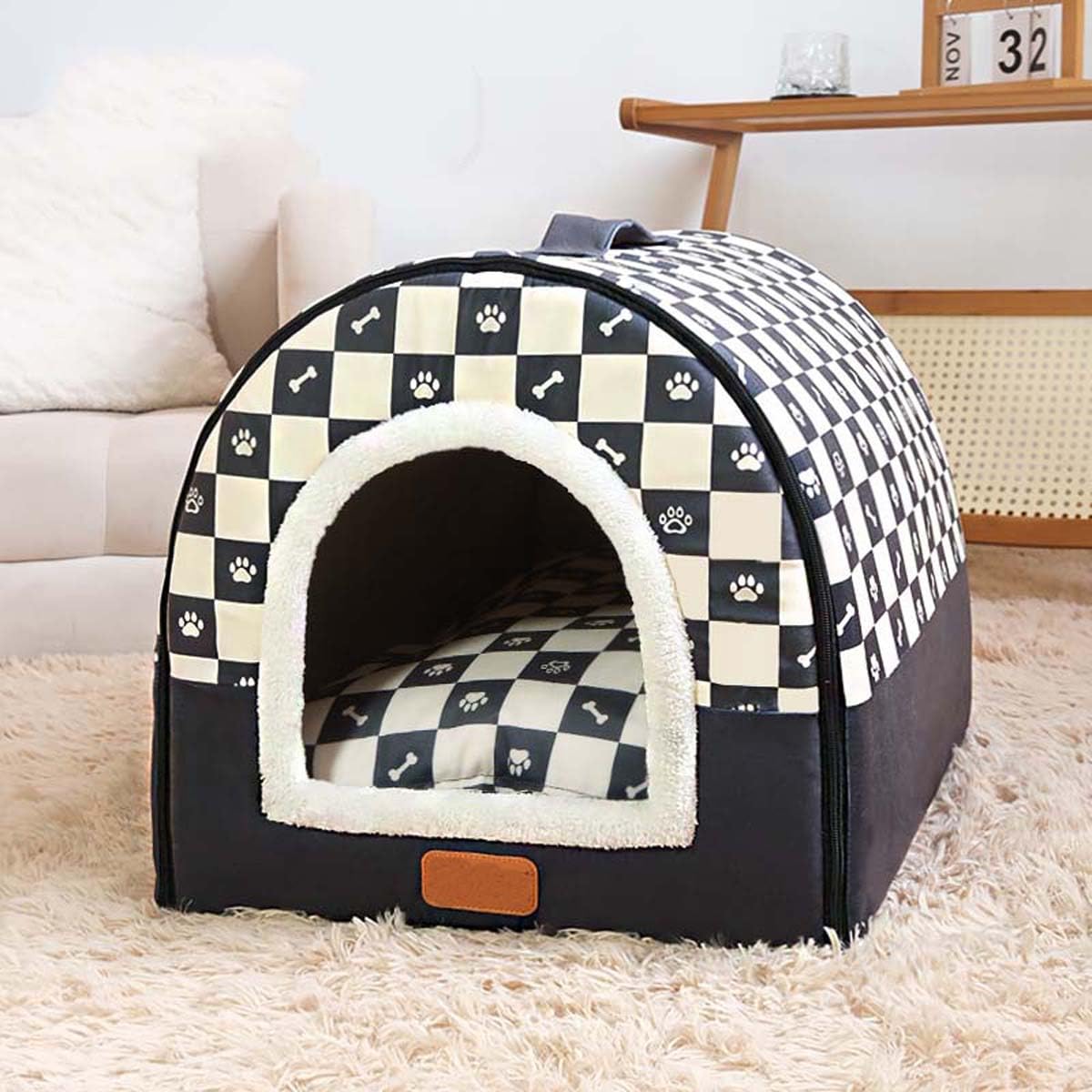 Pet House 2 In 1 Enclosed Dog Kennel, Cat Cave Warm Sleeping Nest with Removable Anti-Anxiety Cushion, Cozy Dogs Igloo House Non-Slip Pet Bed (S, Black)