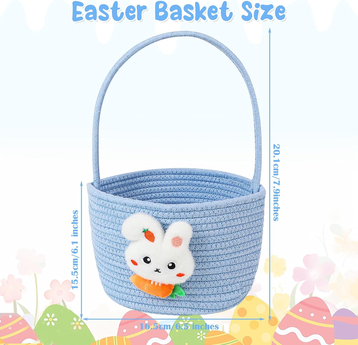 DERAYEE Easter Basket with Handle, Cute Bunny Carrot Basket Easter Egg Hunts Gift Baskets for Easter Party Favors Candy Gifts Storage (Blue) image 2