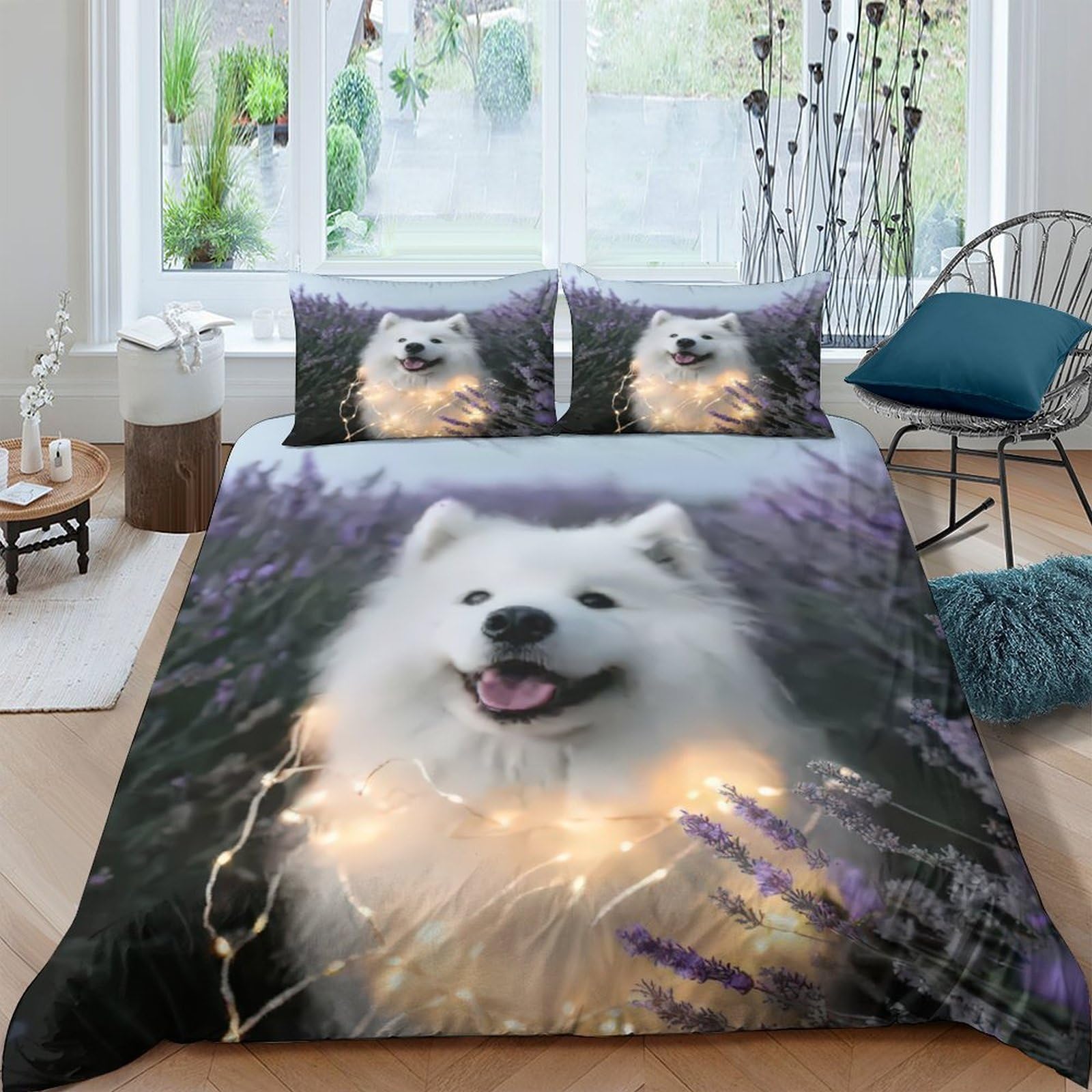 Ctjqhvkz Style-4 3D Printed White Samoyed Dog Fitted Sheet Microfiber Soft Floral Meadow Bed Cover For Bedroom Guest Room Decor Single（135X200cm）