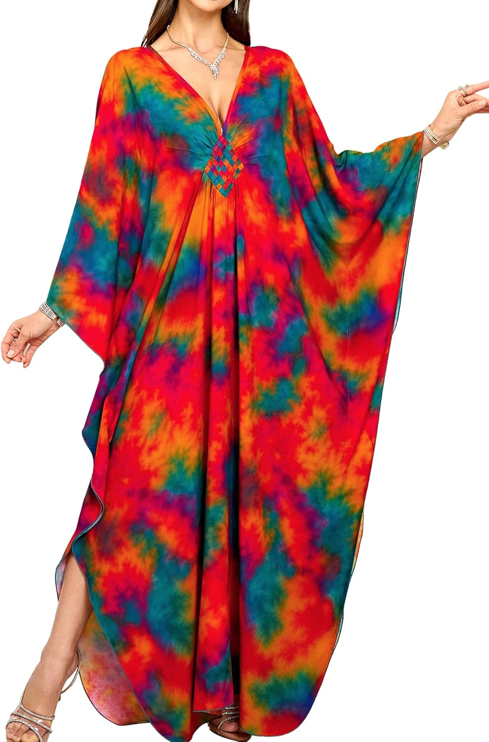 Women Kaftan Dresses Plus Size V-Neck Batwing Sleeves Beach Cover Up 2025 Summer Floral Print Caftan Dress